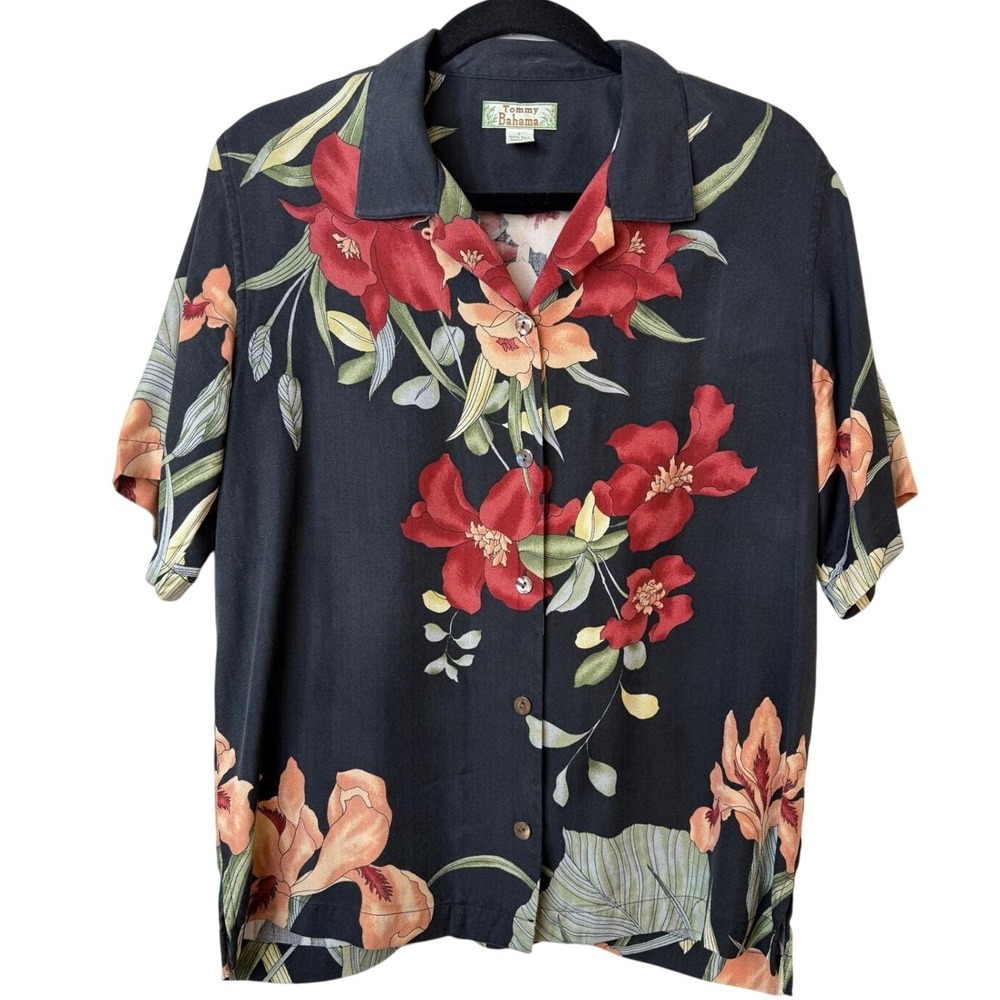 Tommy Bahama Silk Floral Button Up Short Sleeve Blouse Top Black S